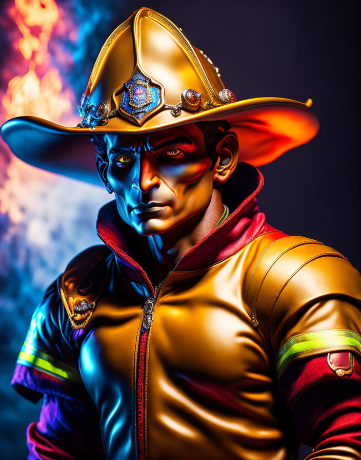 Blue-skinned figure in vibrant colors wearing firefighter uniform and golden helmet