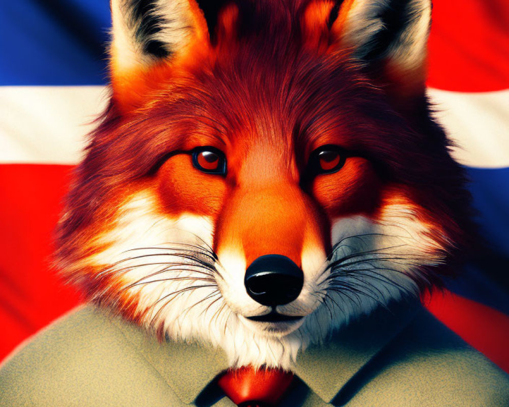 Digital artwork: Fox head with human-like features in suit and tie on UK flag backdrop