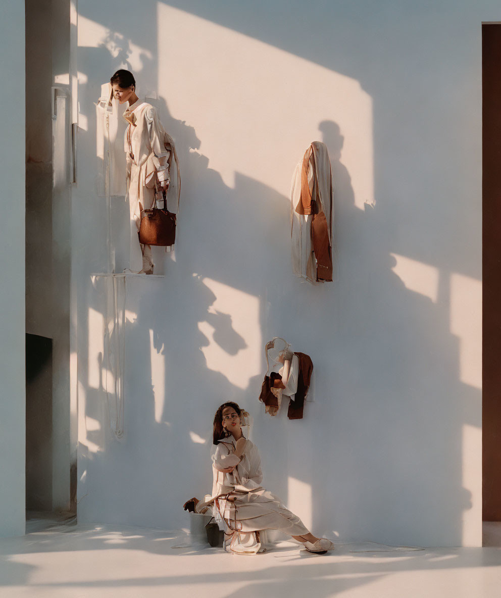 Three individuals in beige outfits casting striking shadows against a wall
