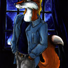 Anthropomorphic fox in military uniform with flag and realistic fox on dark background.