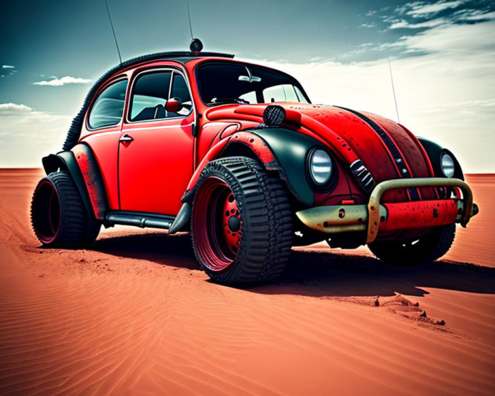 Modified vintage Volkswagen Beetle with chunky off-road tires in sandy desert landscape