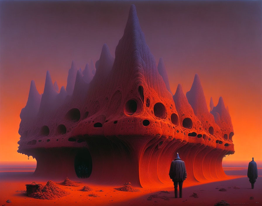 Silhouetted figures near intricate organic structure under reddish sky