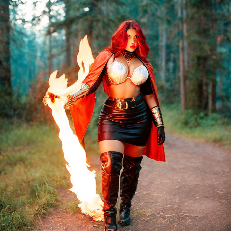 Woman in Red and Black Outfit with Flaming Torch on Forest Path at Twilight