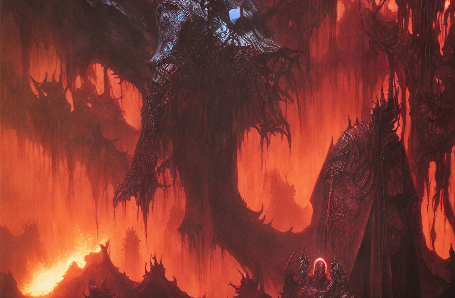 Sinister dark trees and cloaked figure in eerie red glow