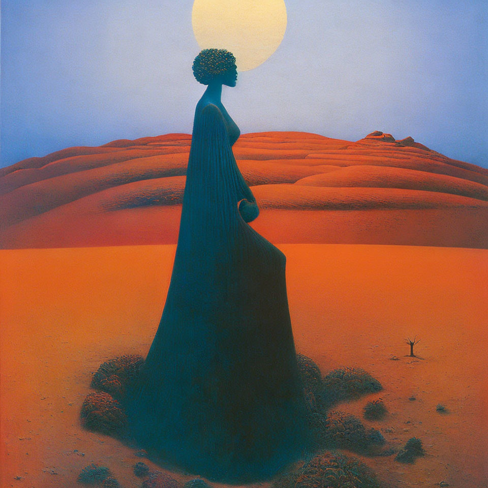 Stylized painting of woman merged with desert landscape at sunset