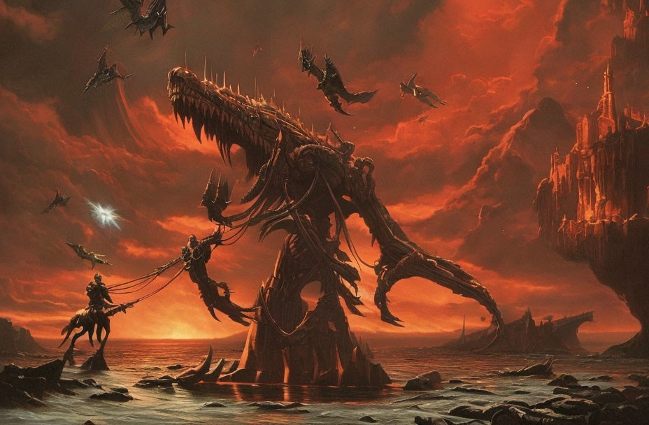 Fantasy artwork: Colossal monster in fiery landscape with warriors on flying creatures.