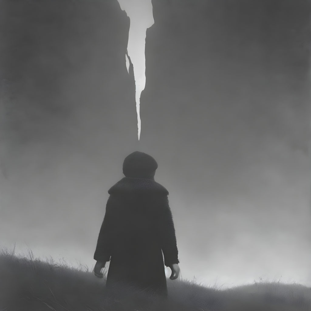 Solitary figure in dense fog before vertical light slit