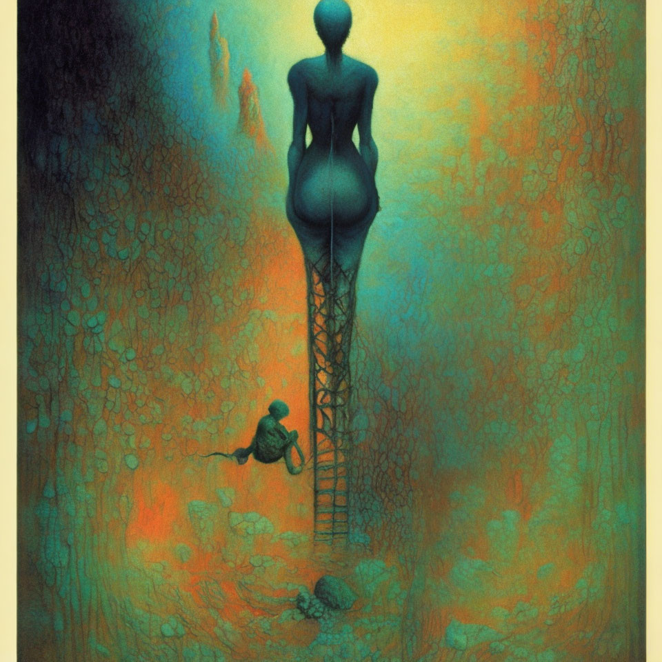 Surreal Artwork: Figure Climbing Ladder to Statuesque Figure in Forest Scene