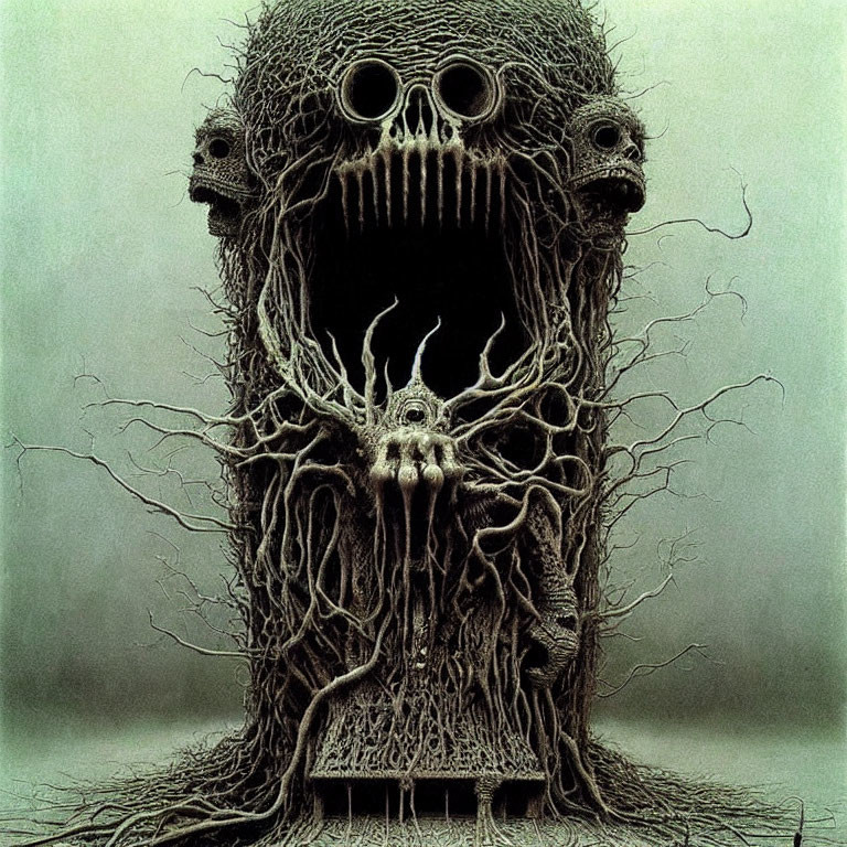Surreal tree-like creature with multiple skull faces and twisted roots in dark setting