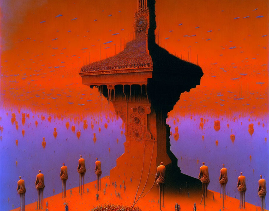 Surreal orange landscape with floating monks and central structure