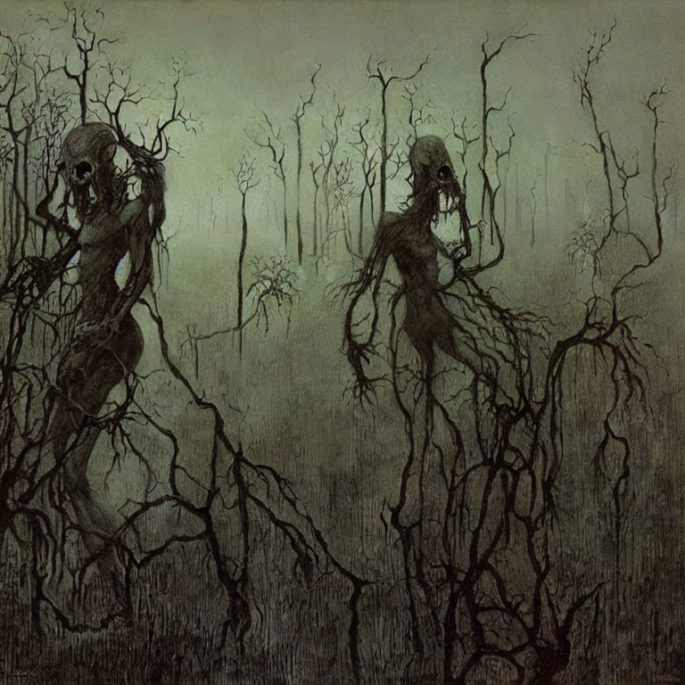 Gothic illustration of humanoid figures in dark forest