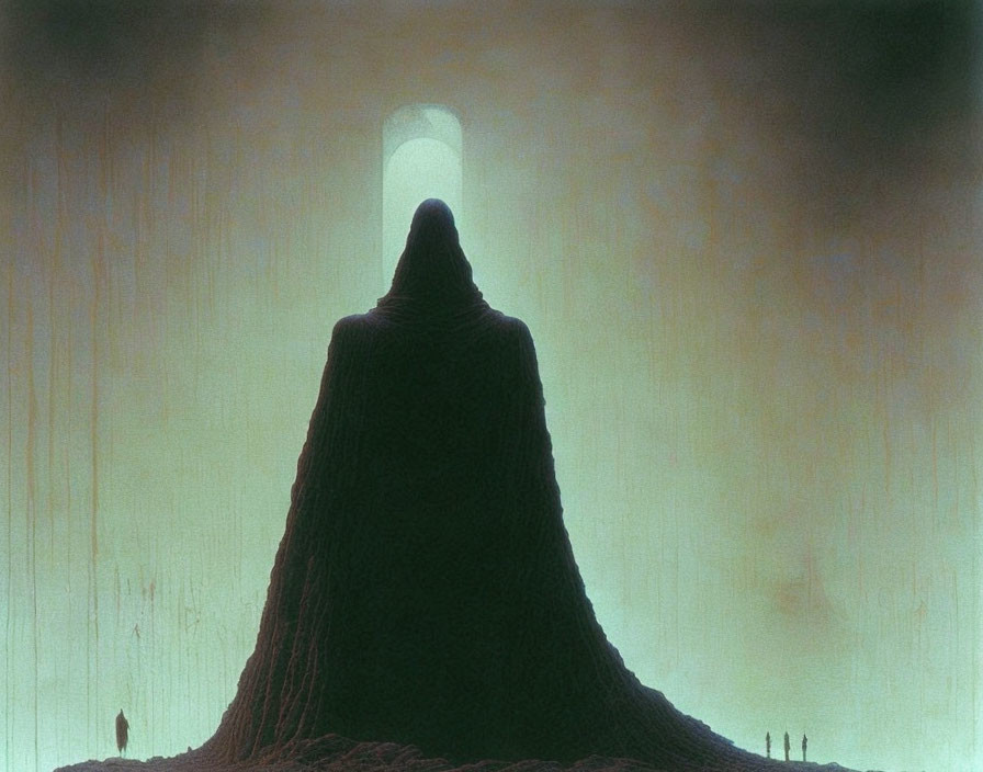 Figure in front of cone-shaped structure under green sky with light streaks