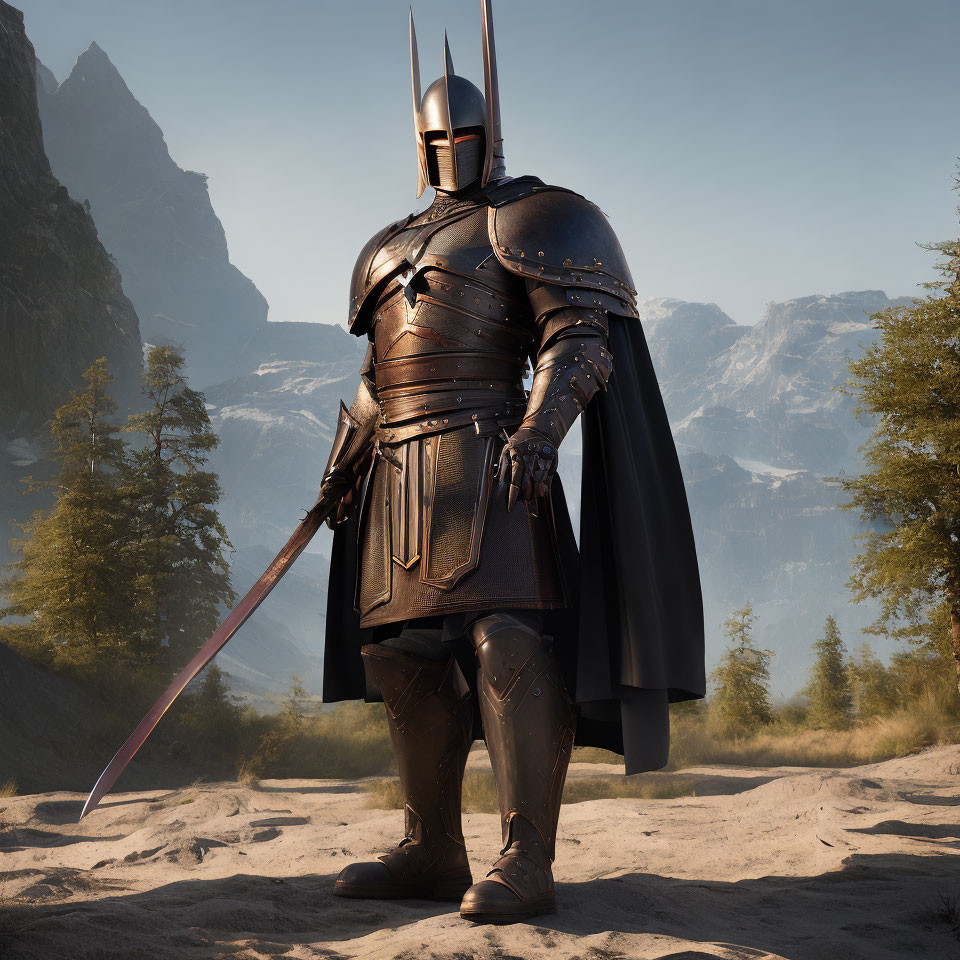 Armored knight with sword in rugged landscape with mountains and clear sky