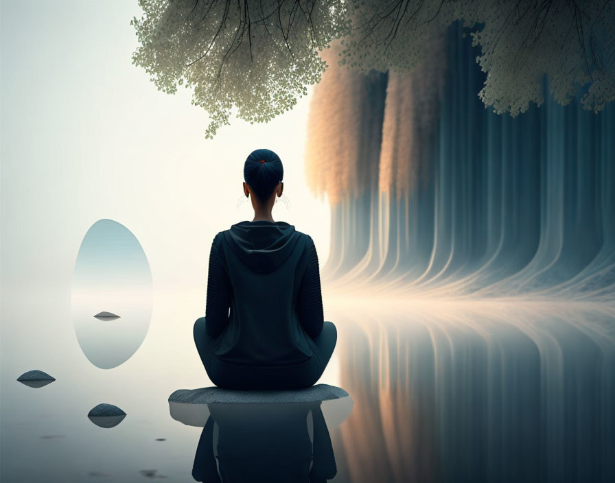 Person meditating on rock by serene water with light beams and foggy atmosphere