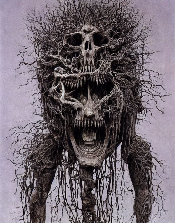 Intricate skull artwork with twisted, root-like structures