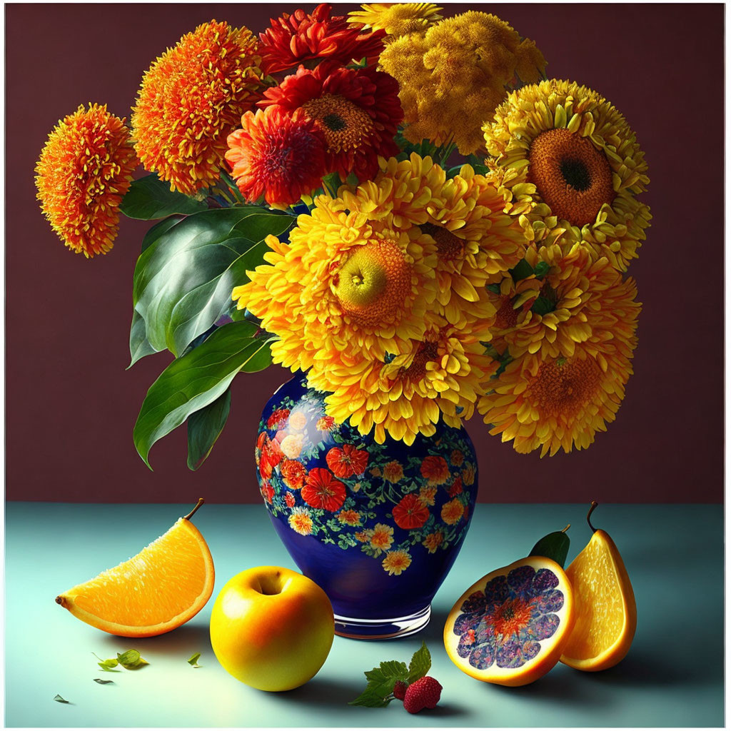 Colorful still-life with orange and yellow flowers, fruits on table
