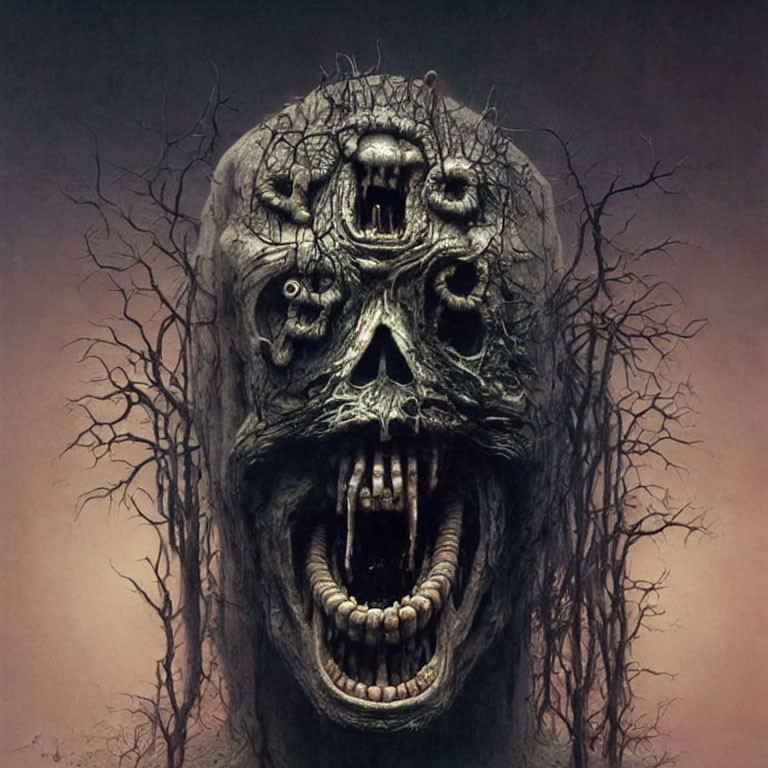 Artwork: Skull with smaller skulls in eye sockets and mouth, set in eerie scene