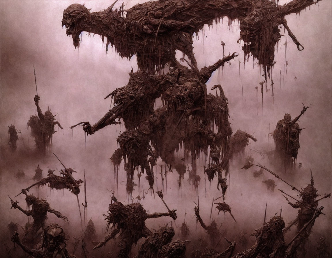 Dark Fantasy Scene: Sinister Organic Structure Floating Above Desolate Landscape