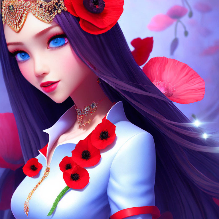 Digital Artwork: Female Character with Blue Hair and Floral Theme
