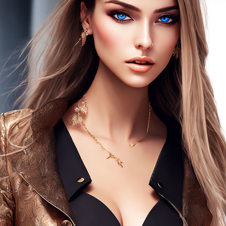 Illustration of woman with blue eyes, blond hair, patterned jacket, gold jewelry