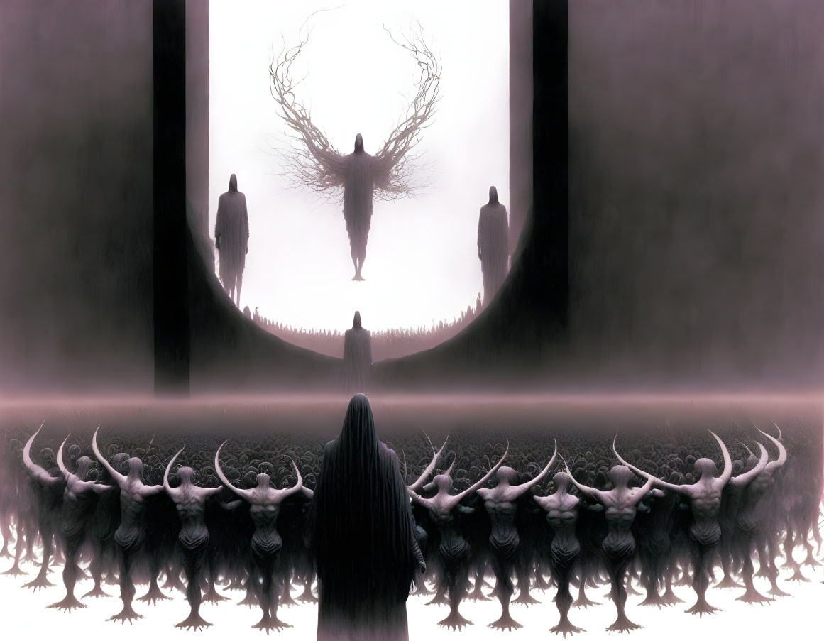Monochromatic mystical scene with central figure, antlers, silhouettes, and circular gateway.