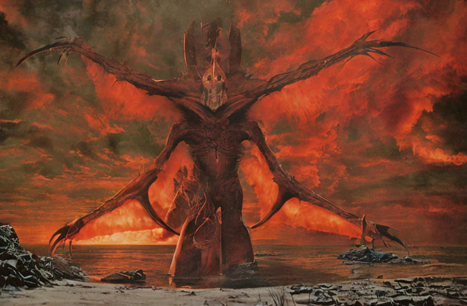 Menacing demon with outstretched wings in fiery landscape