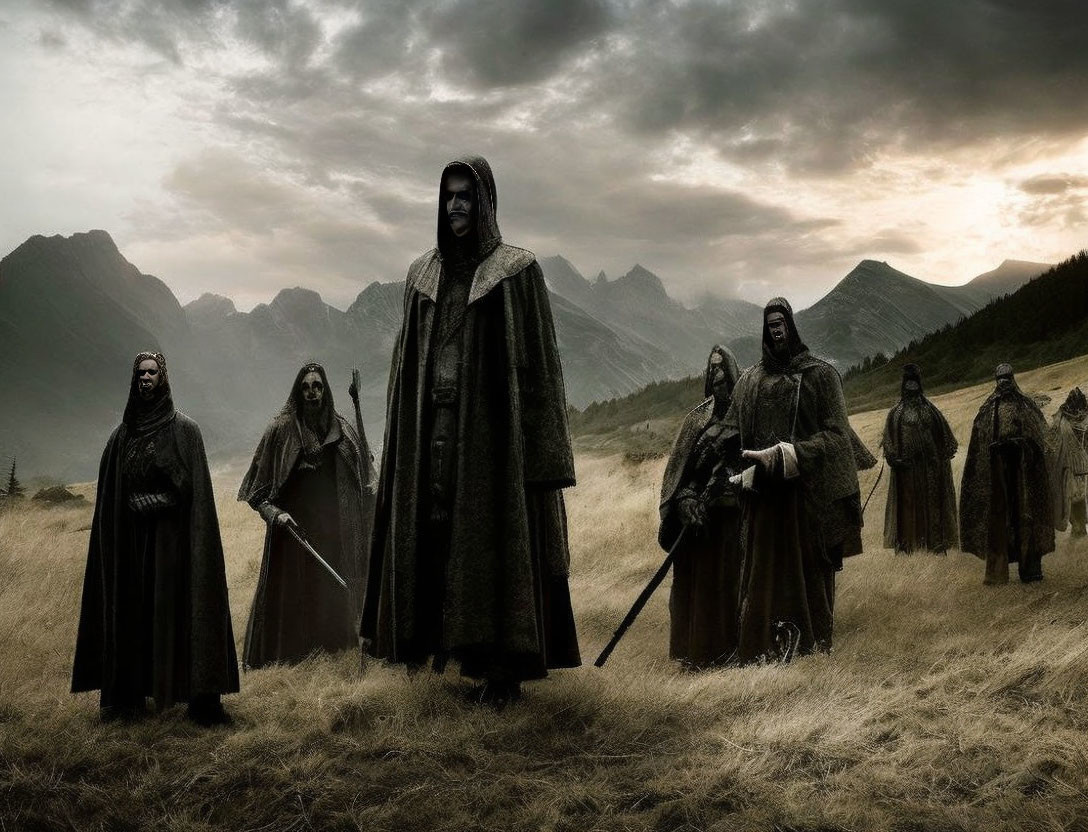 Mysterious cloaked figures in eerie landscape