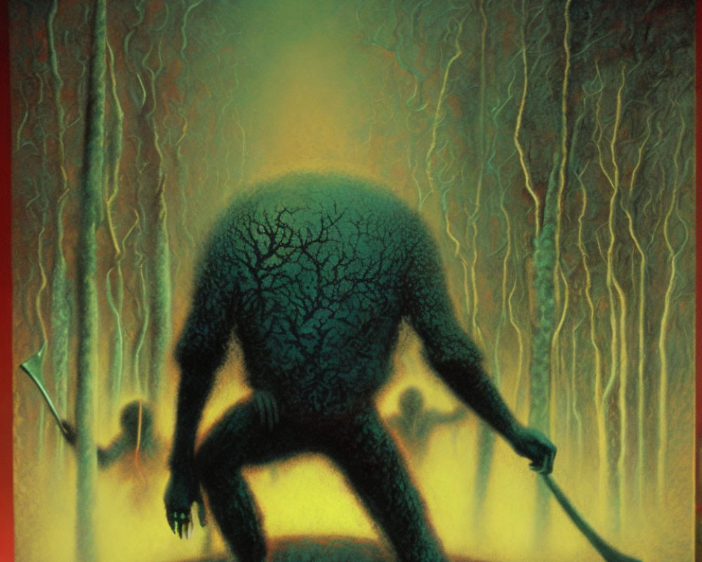 Tree-like textured figure with shovel in vibrant, eerie forest
