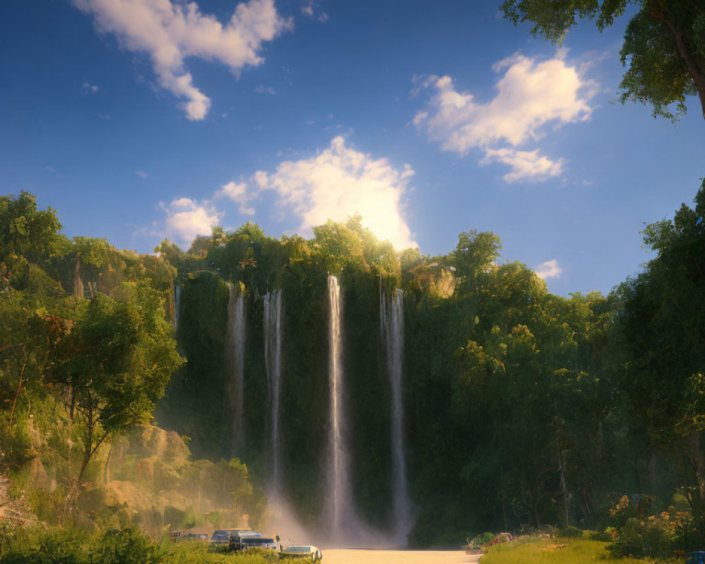 Majestic waterfall with sunlight, lush greenery, and tranquil pond.