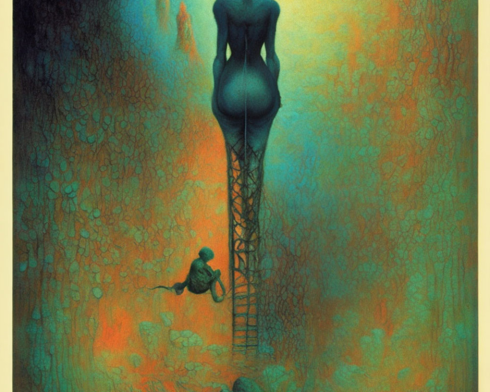 Surreal Artwork: Figure Climbing Ladder to Statuesque Figure in Forest Scene