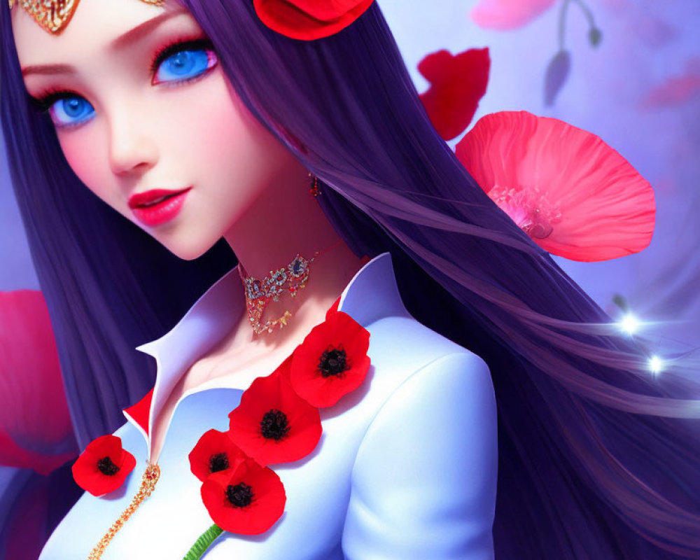 Digital Artwork: Female Character with Blue Hair and Floral Theme