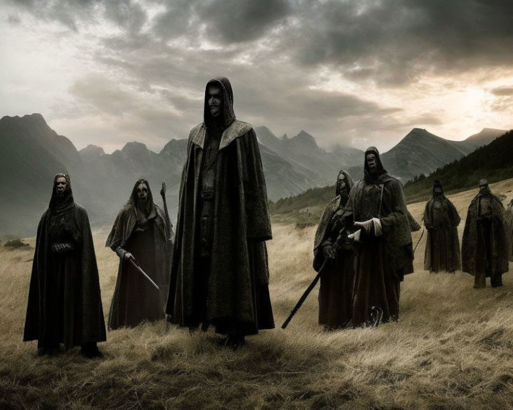 Mysterious cloaked figures in eerie landscape