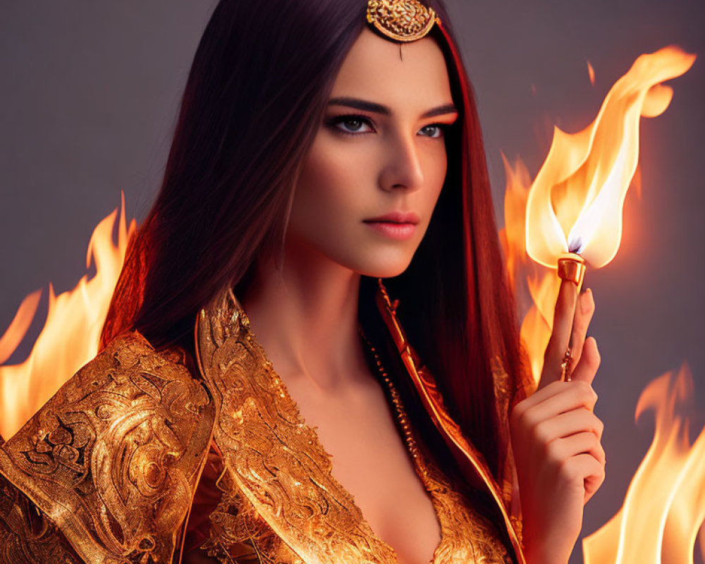 Striking woman in golden attire with lit match and flames around her