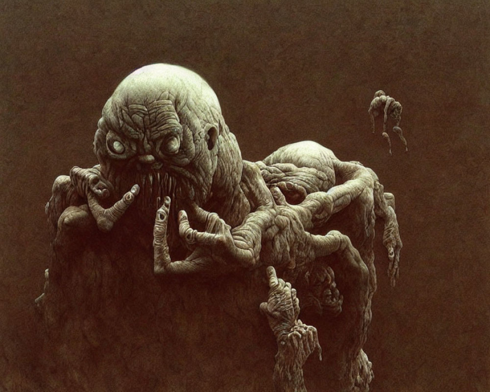 Surreal illustration of humanoid creatures in dark space