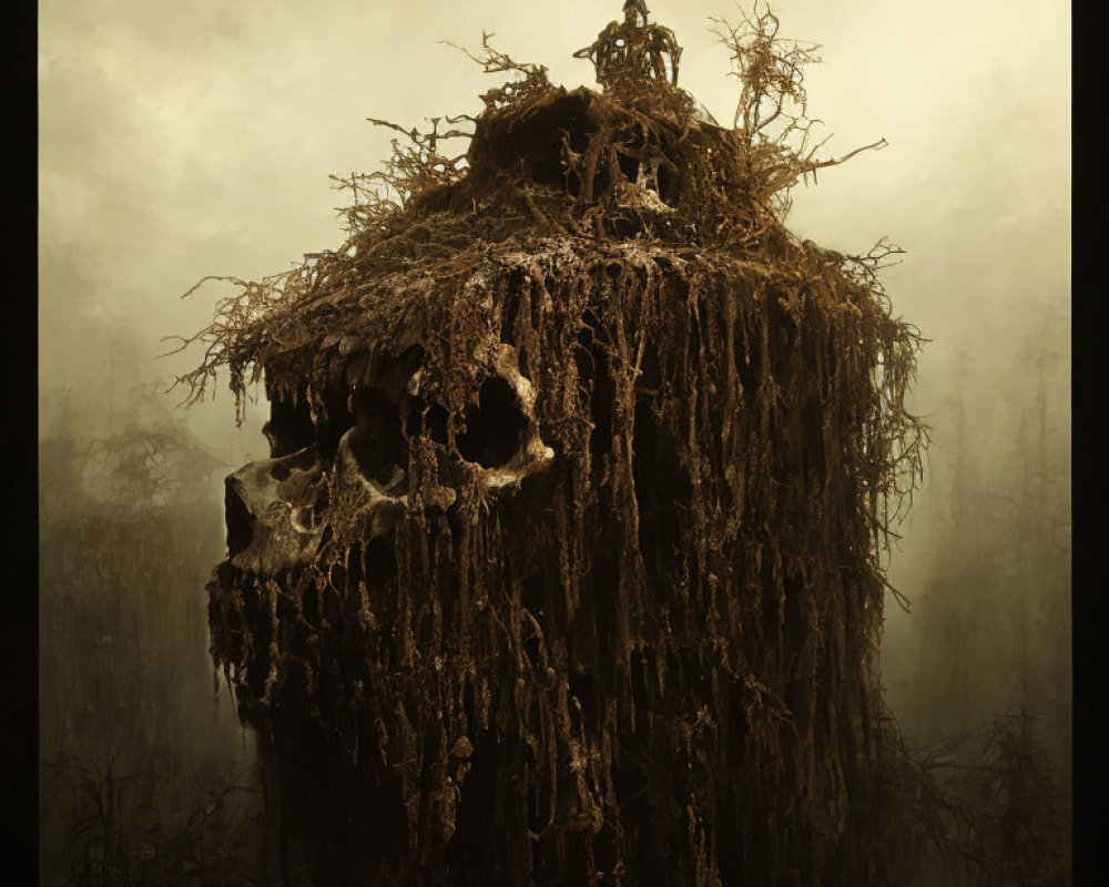 Skull-shaped landmass with twisted roots and humanoid figure in foggy setting