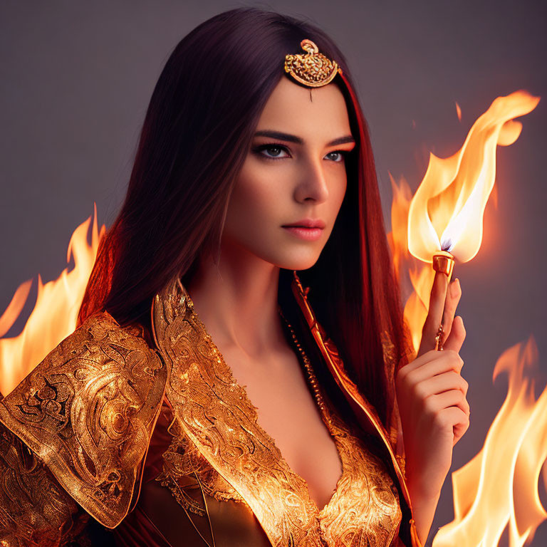 Striking woman in golden attire with lit match and flames around her