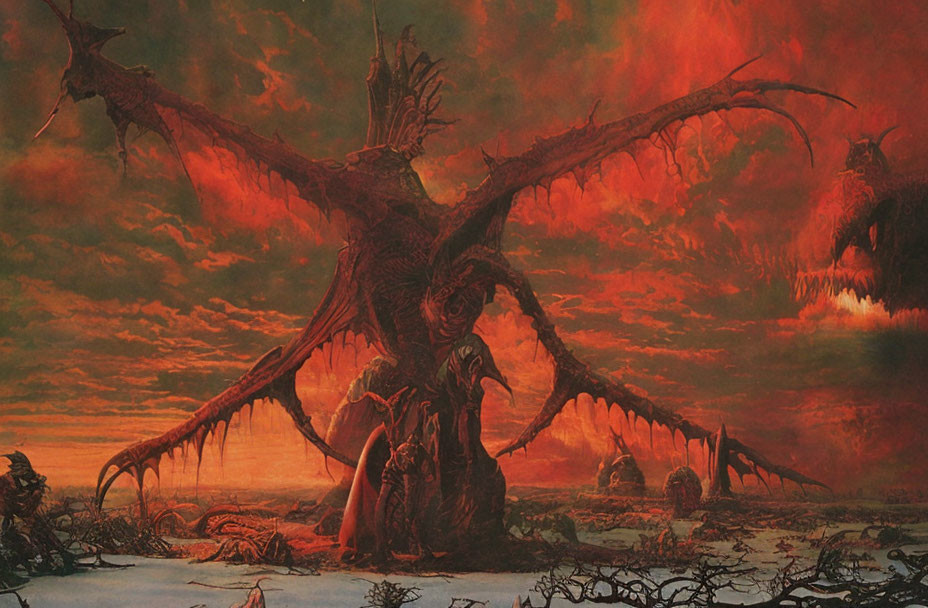 Majestic fiery red dragon in desolate landscape