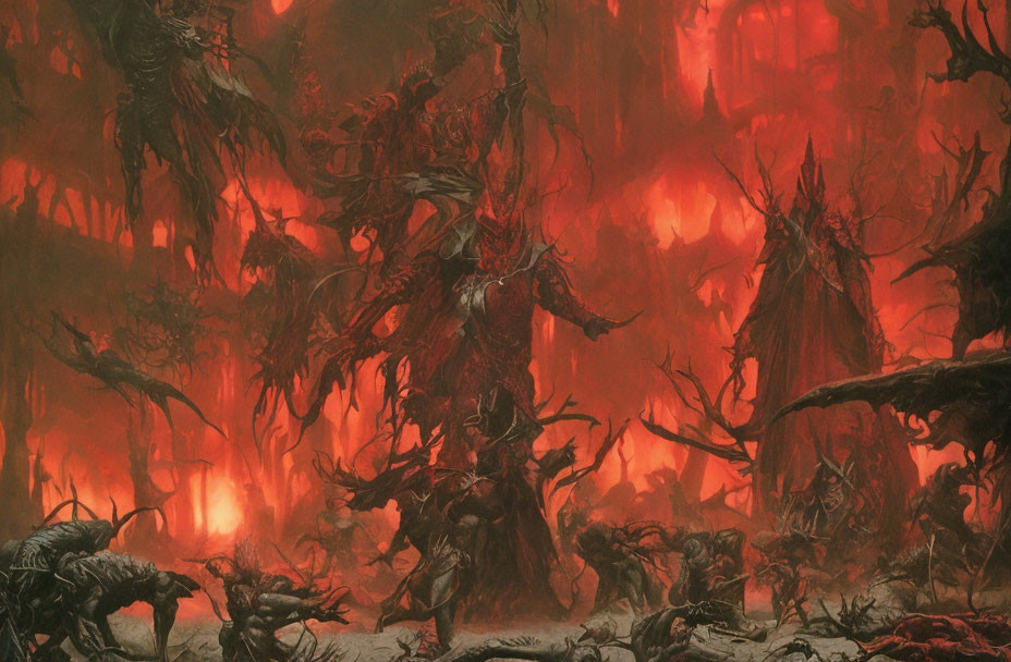 Dark hellish landscape with twisted figures and fiery backdrop
