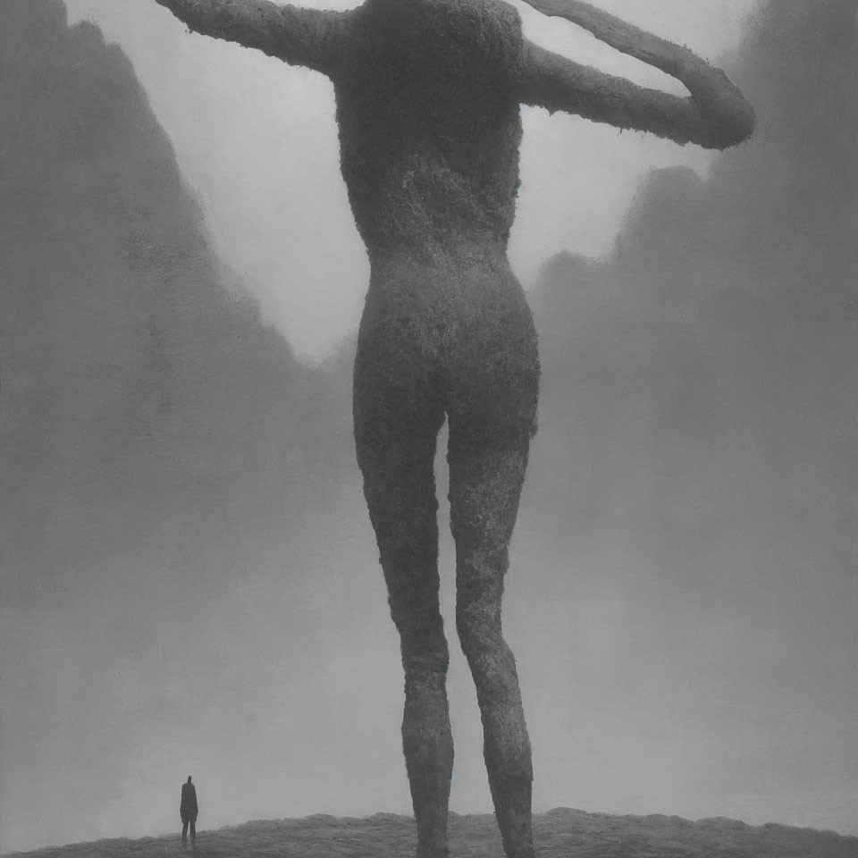 Colossal textured humanoid silhouette with raised arms beside tiny human figure.