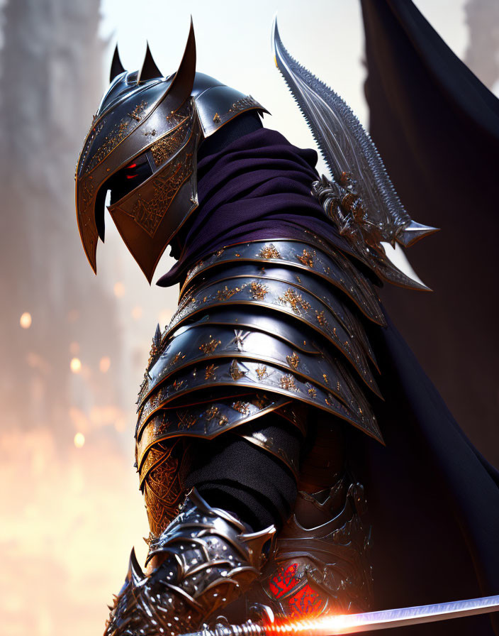 Knight in Black Armor with Horned Helmet and Runed Sword