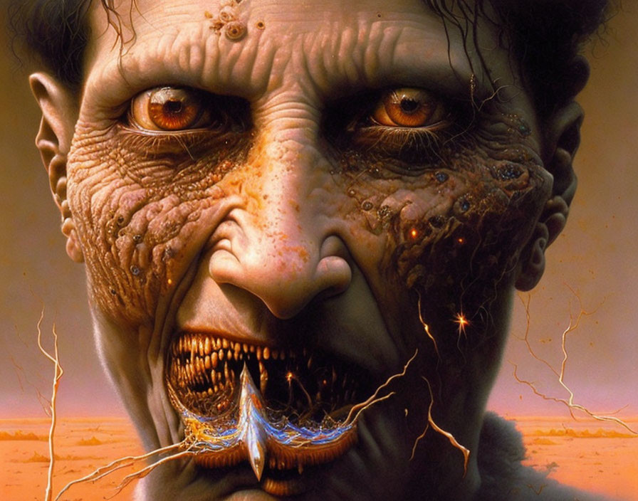 Male face with cracked earth skin, orange eyes, lightning mouth on orange backdrop