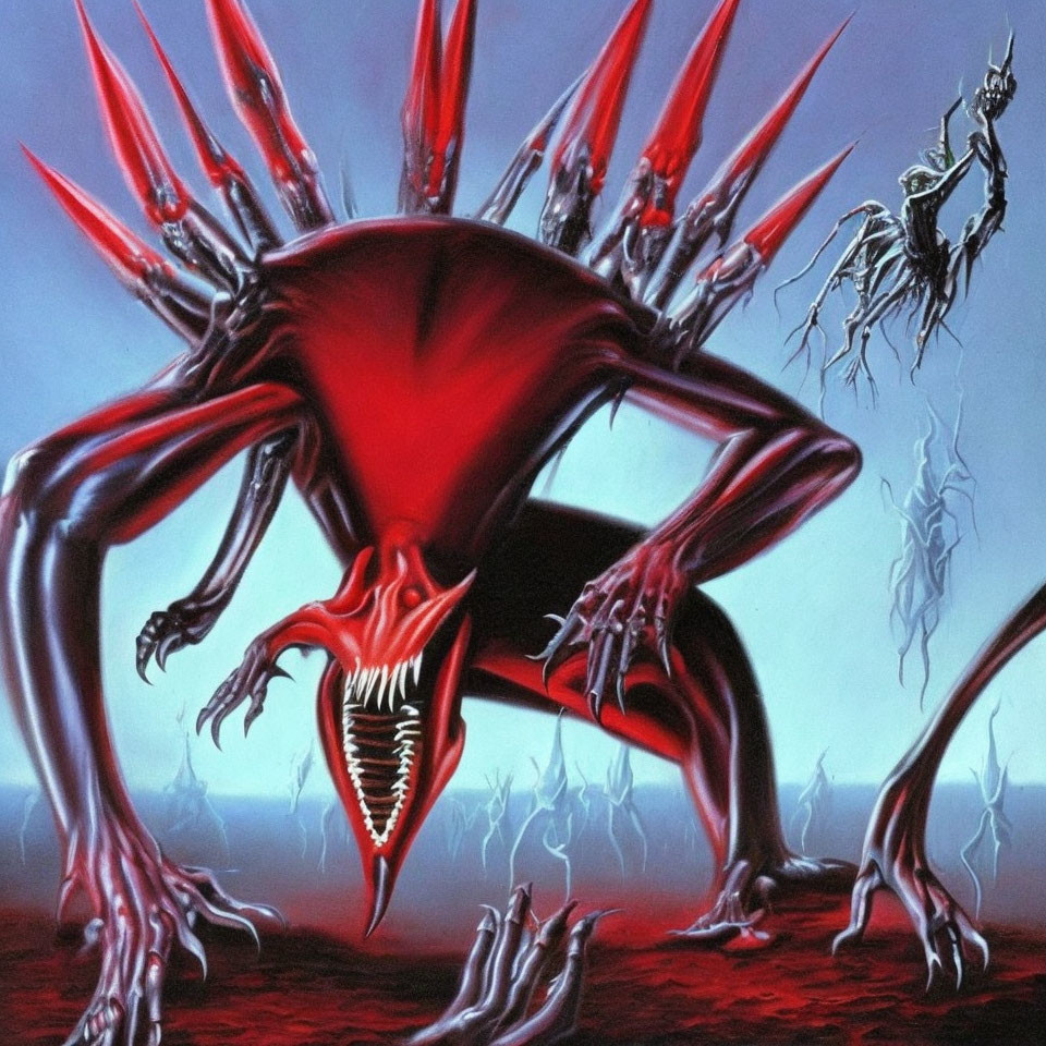 Red and black spiked creature in surreal hellish landscape