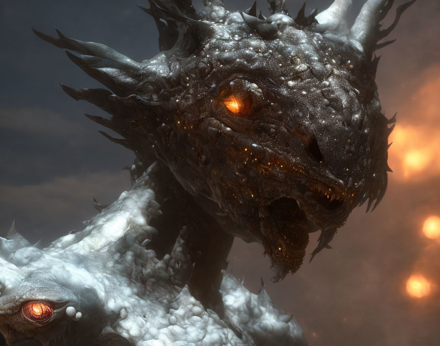 Detailed close-up of formidable dragon with glowing eyes and fiery orbs in smoky background