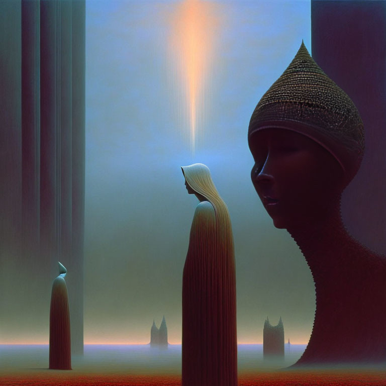 Surreal humanoid figures and structures in dreamlike landscape with central figure emitting light