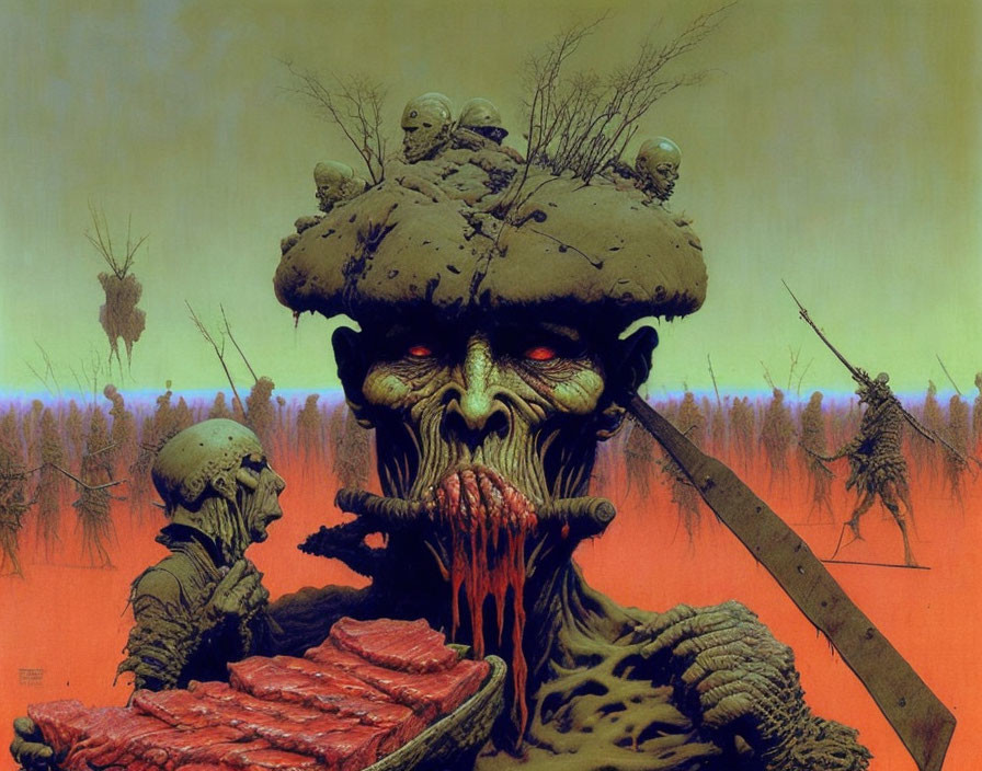 Grotesque creature with mushroom head in eerie landscape