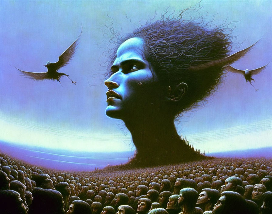 Surreal artwork: Giant woman's head in sea of smaller heads with birds, blue backdrop