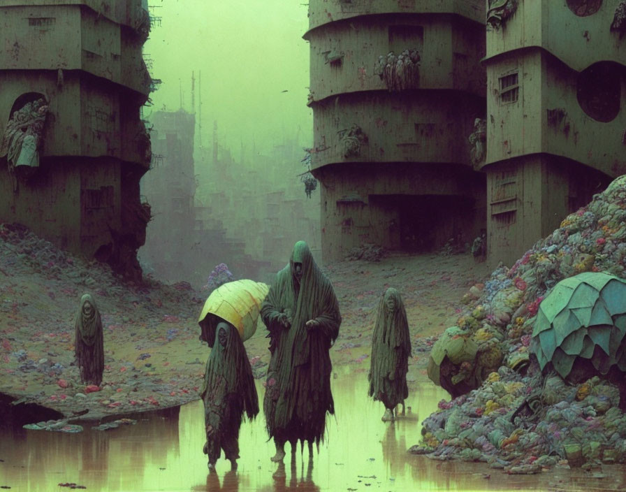 Dystopian scene: Cloaked figures in water among debris and ruins