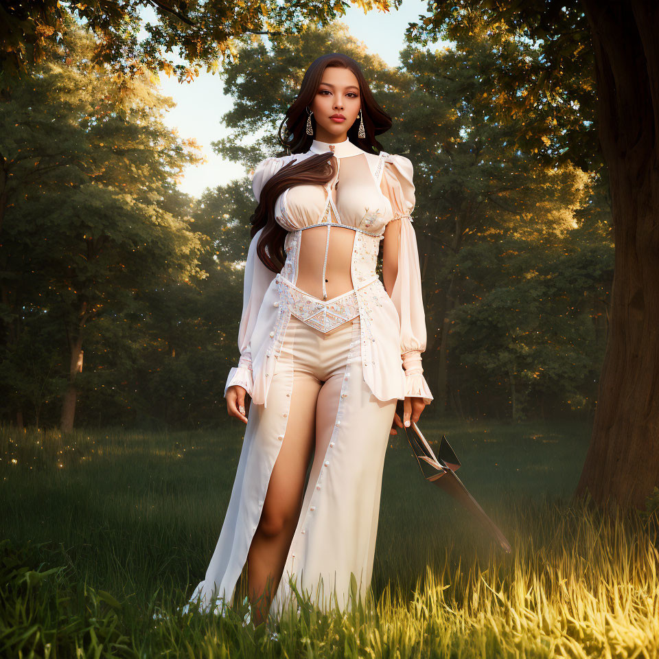 Digital artwork of woman in white fantasy outfit in serene forest clearing