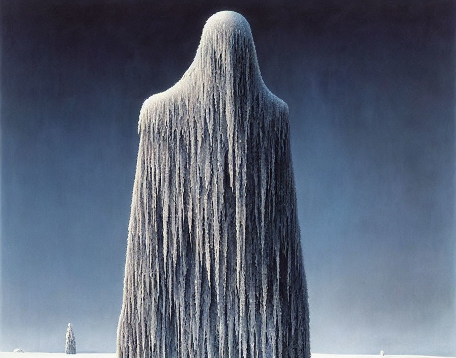 Surreal painting of draped figure in icy landscape
