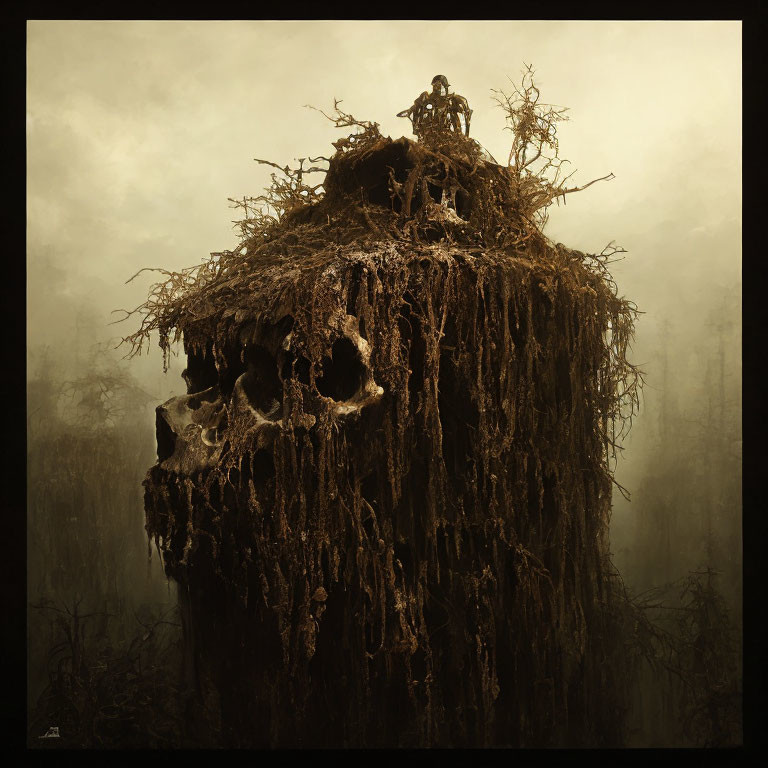 Skull-shaped landmass with twisted roots and humanoid figure in foggy setting
